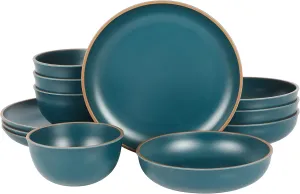 Gibson Home Rockabye 12 Piece Double Bowl Melamine Plastic Dinnerware Set - Matte Teal