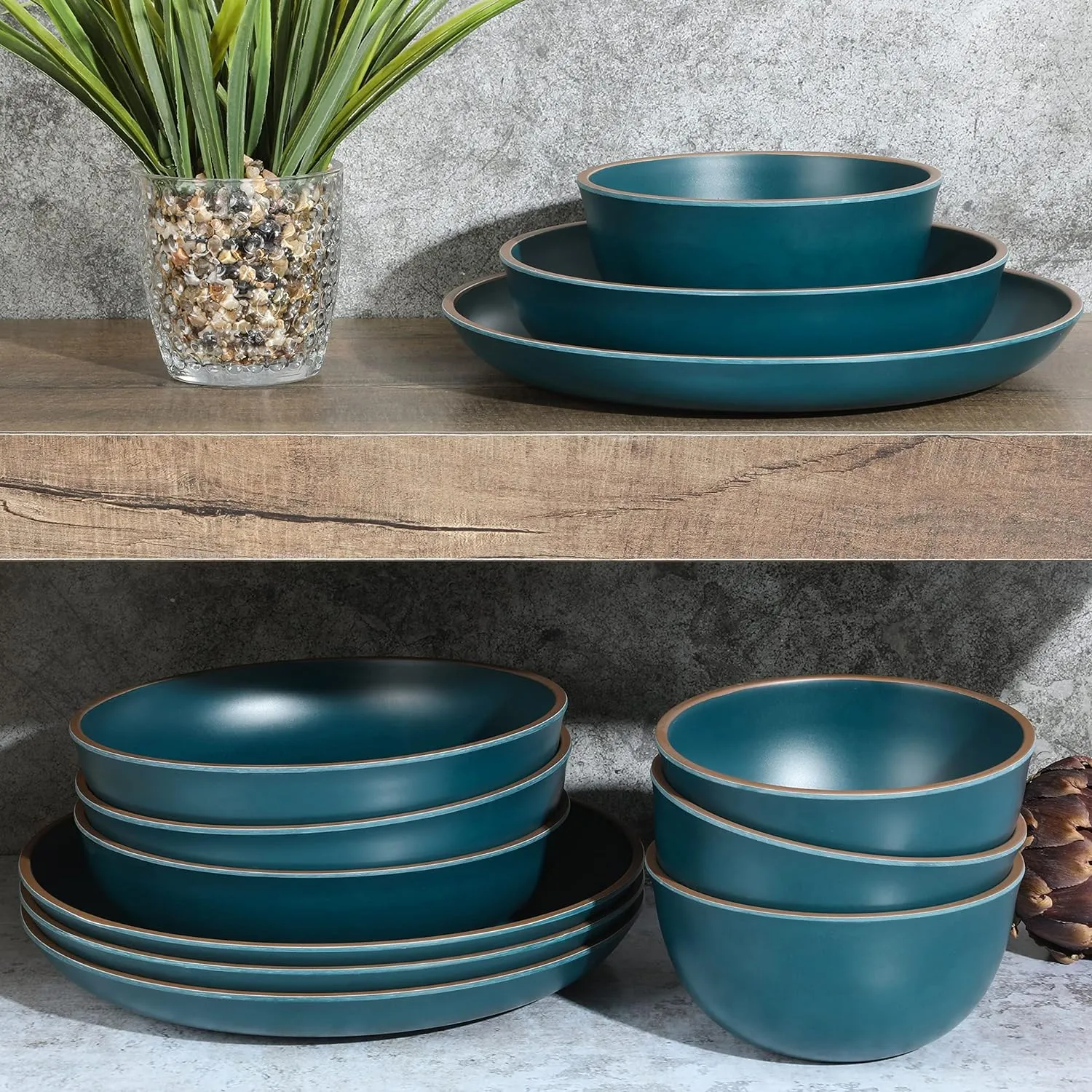 Gibson Home Rockabye 12 Piece Double Bowl Melamine Plastic Dinnerware Set - Matte Teal