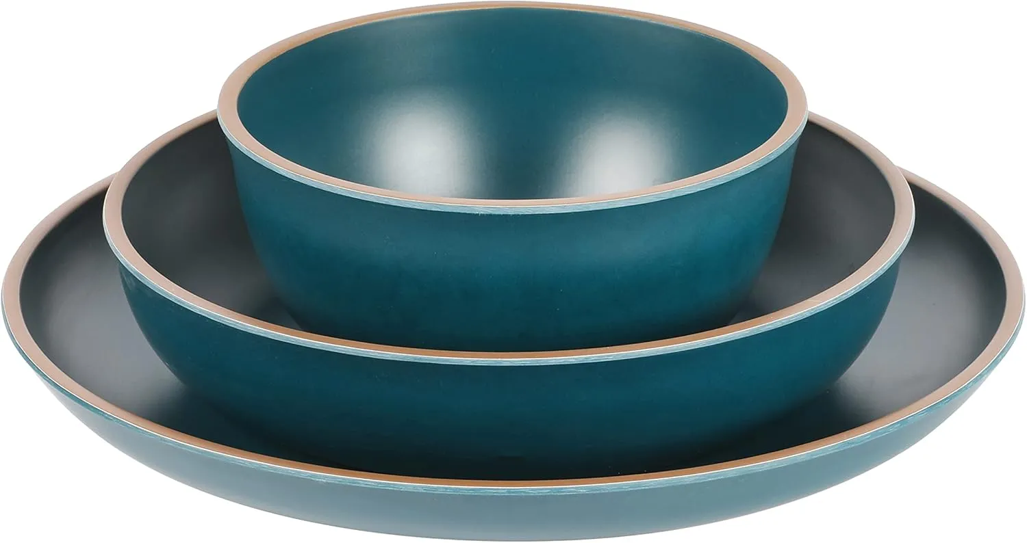 Gibson Home Rockabye 12 Piece Double Bowl Melamine Plastic Dinnerware Set - Matte Teal