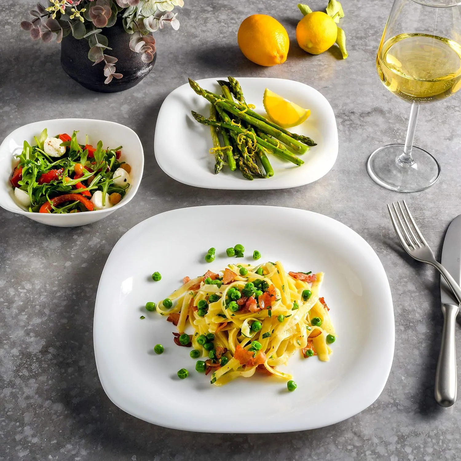 Gibson Home Ultra Break and Chip Resistant Dinnerware Set, Square: Service for 6 (18pcs), Opal Glass