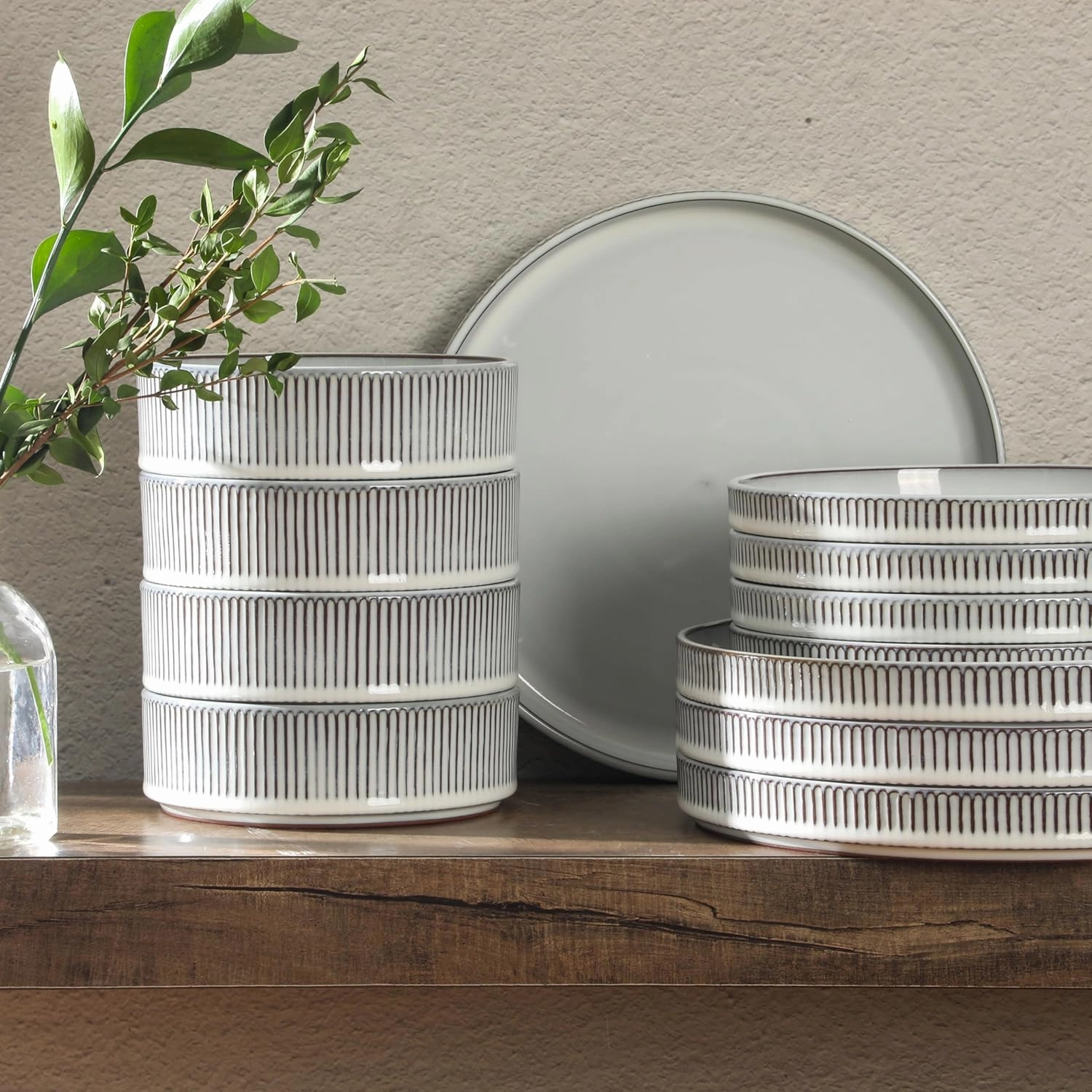 Gibson Elite 12 Piece (Service for 4) Townscape Plates and Bowls Reactive Glaze Embossed Round Dishes Terracotta Ceramic Dinnerware Set - Cream White