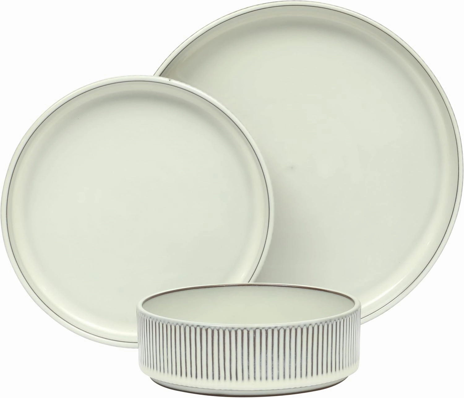 Gibson Elite 12 Piece (Service for 4) Townscape Plates and Bowls Reactive Glaze Embossed Round Dishes Terracotta Ceramic Dinnerware Set - Cream White