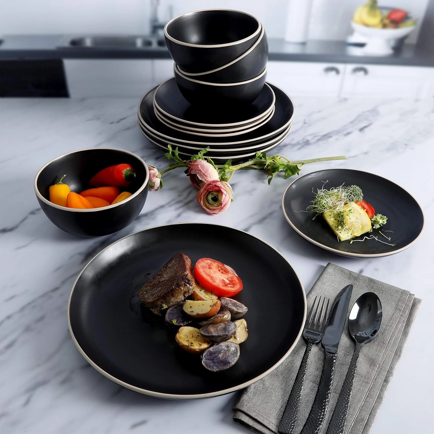 Gibson Home Rockaway Round Stoneware Dinnerware Sets, Service for 4 (12pcs), Black