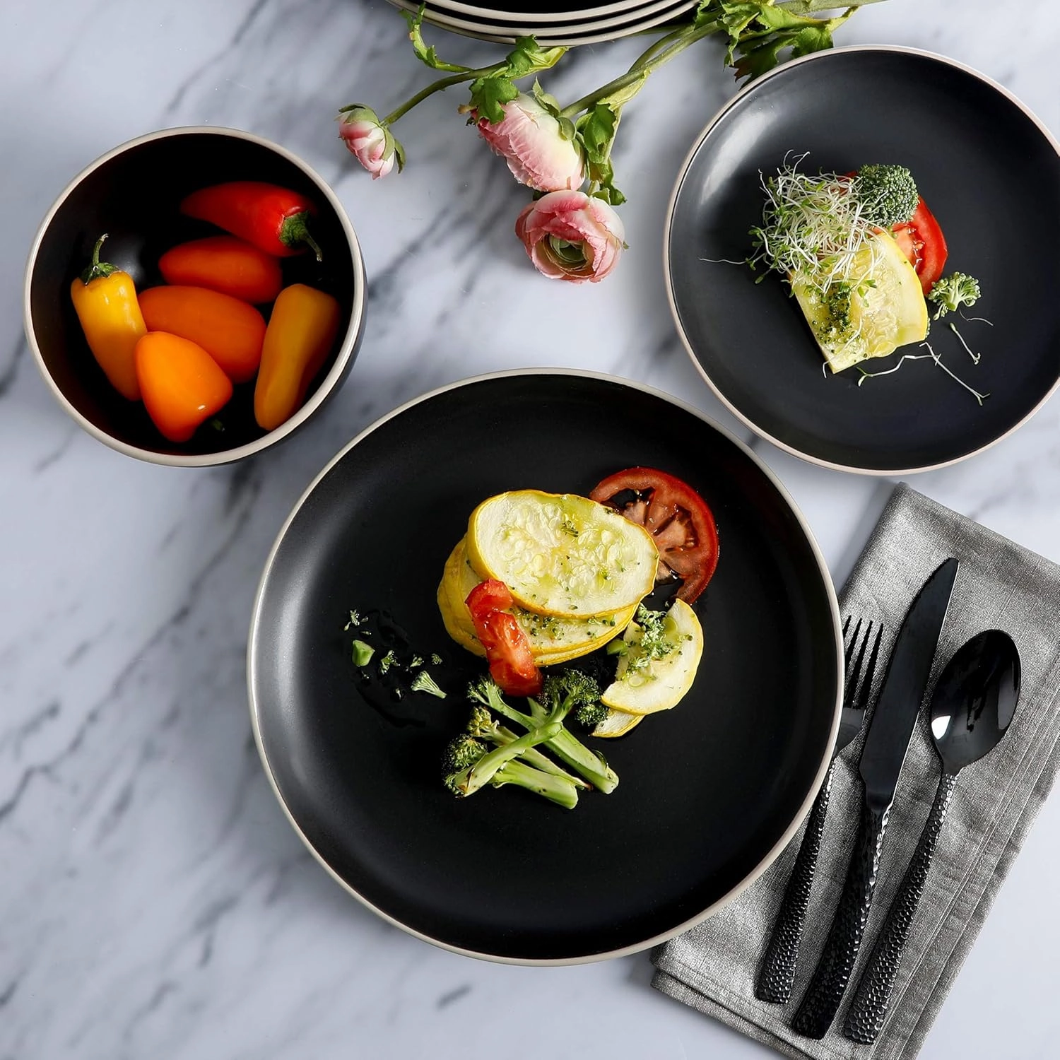 Gibson Home Rockaway Round Stoneware Dinnerware Sets, Service for 4 (12pcs), Black