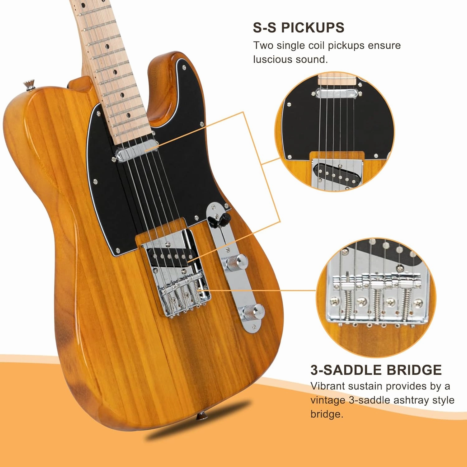 GLARRY 39" GTL Electric Guitar for Music Lover, SS Pickups Maple Fingerboard with Accessories Pack Guitar Bag(Transparent Yellow)
