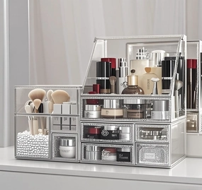 Glass Makeup Organizer for Vanity/Stackable 2Pieces Drawer Set/Antique Countertop Vanity Cosmetic Storage Box Mirror Glass Beauty Display, Holder for Brushes Lipsticks Skincare Toner (Silver)