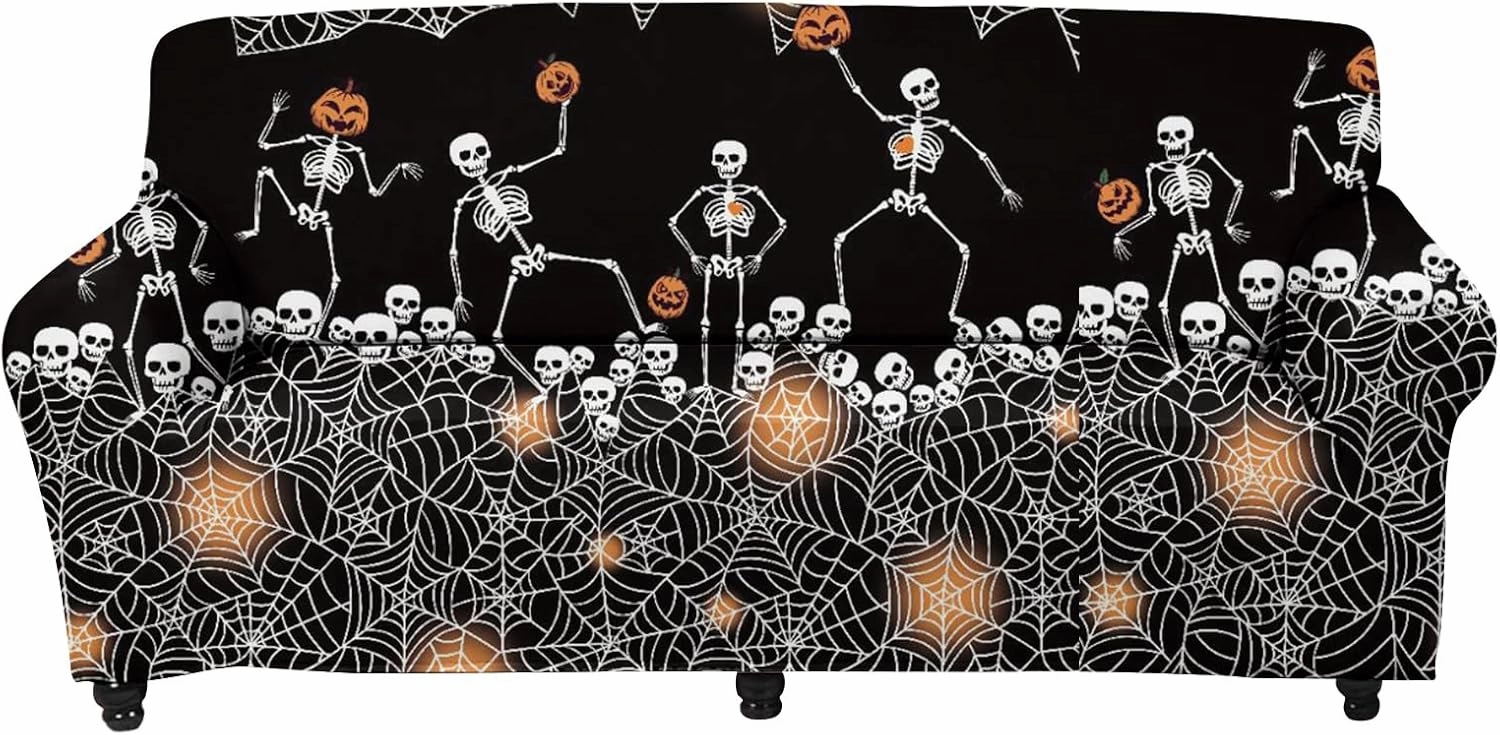 GLENLCWE Dance Skeleton Cobweb Sofa Cover 1Piece Couch Cover Halloween Sofa Slipcover Washable Furniture Sofa Cover Home Decoration for Halloween