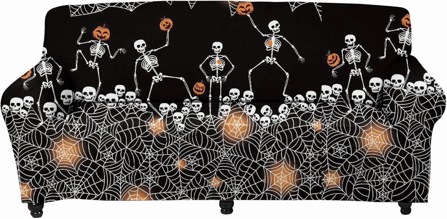 GLENLCWE Dance Skeleton Cobweb Sofa Cover 1Piece Couch Cover Halloween Sofa Slipcover Washable Furniture Sofa Cover Home Decoration for Halloween