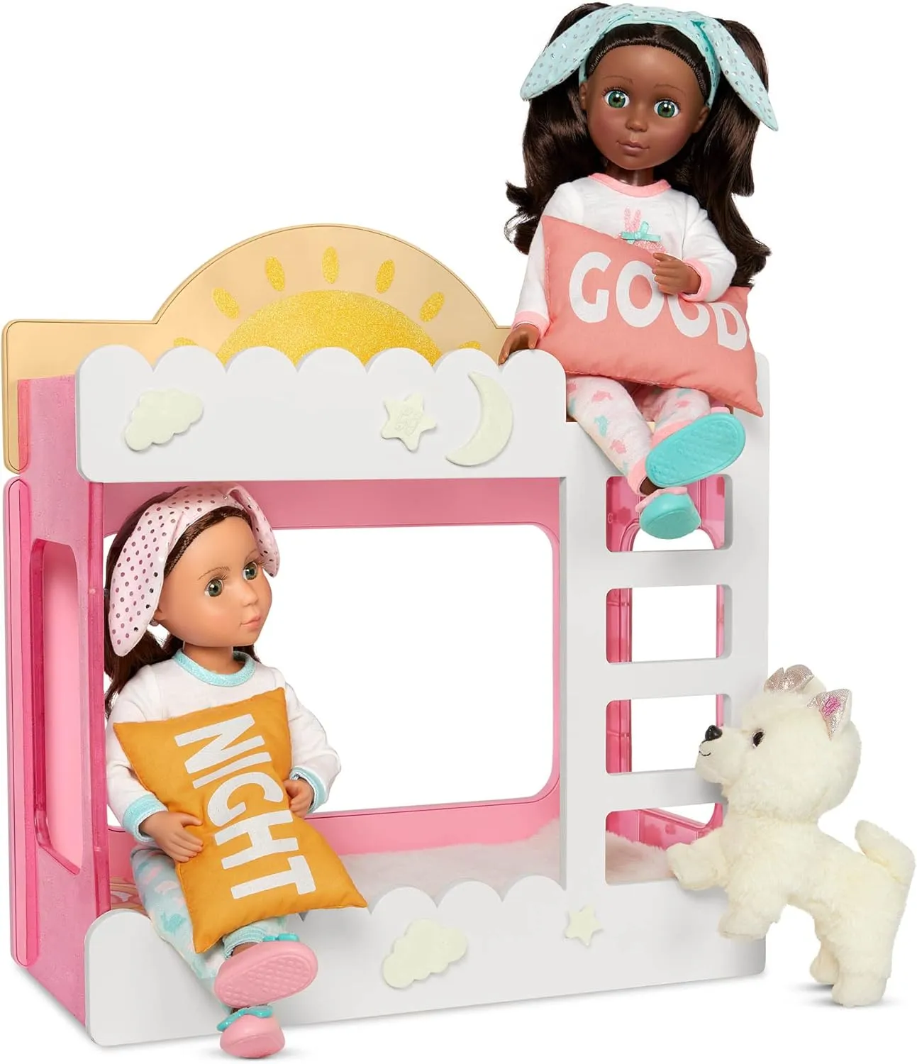Glitter Girls – Comfy Clouds Bunk Bed – Doll House Furniture & Accessories – Beds, Pillows, & Blankets – Glowi in The Dark Decals – Gift Toy for Kids 3 