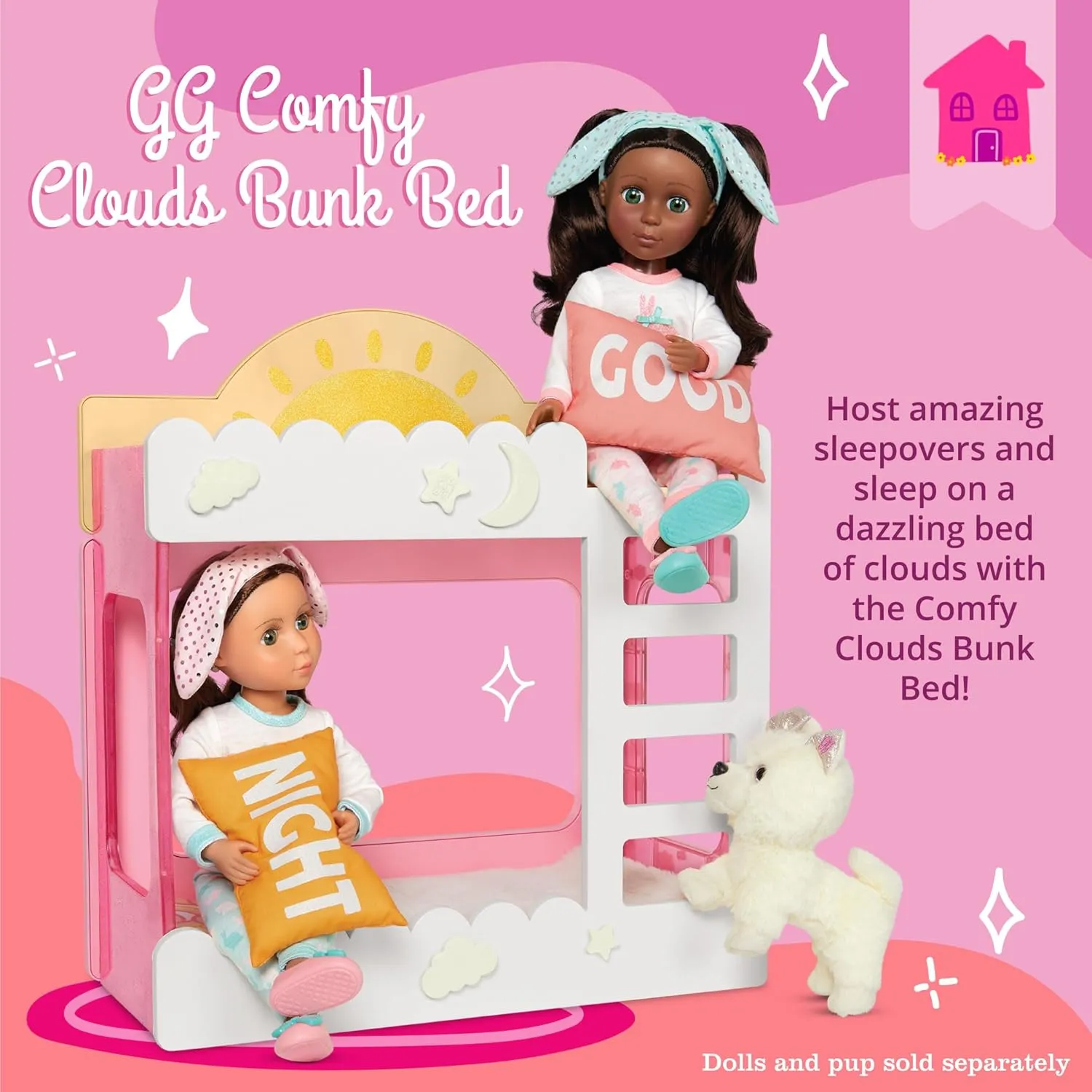 Glitter Girls – Comfy Clouds Bunk Bed – Doll House Furniture & Accessories – Beds, Pillows, & Blankets – Glowi in The Dark Decals – Gift Toy for Kids 3 
