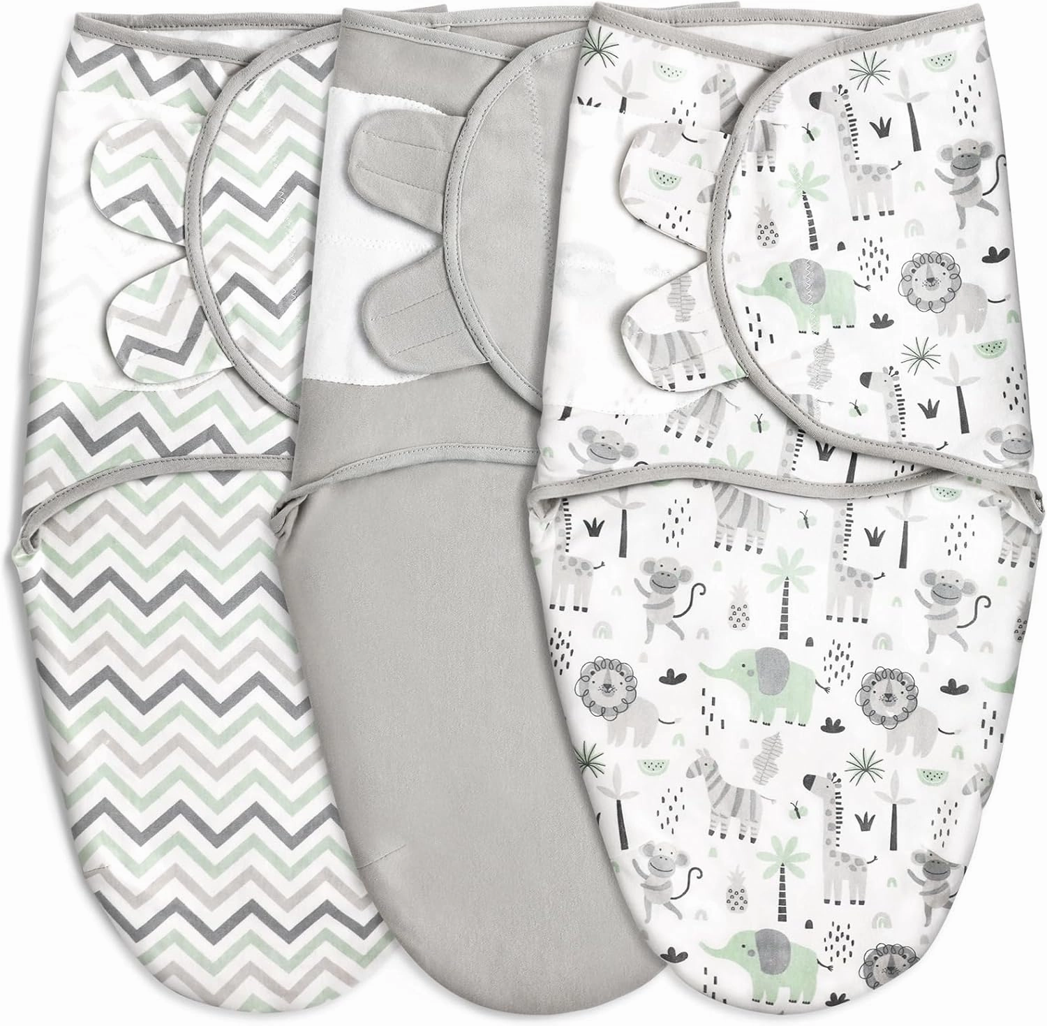 GLLQUEN BABY Organic Swaddle Sleep Sacks for Newborn - Baby Swaddles 0-3 Months, 3-Pack Newborn Swaddling Sack, Gray Stripe & Animal World, Baby Swaddle Blanket Wrap (Small/Medium)