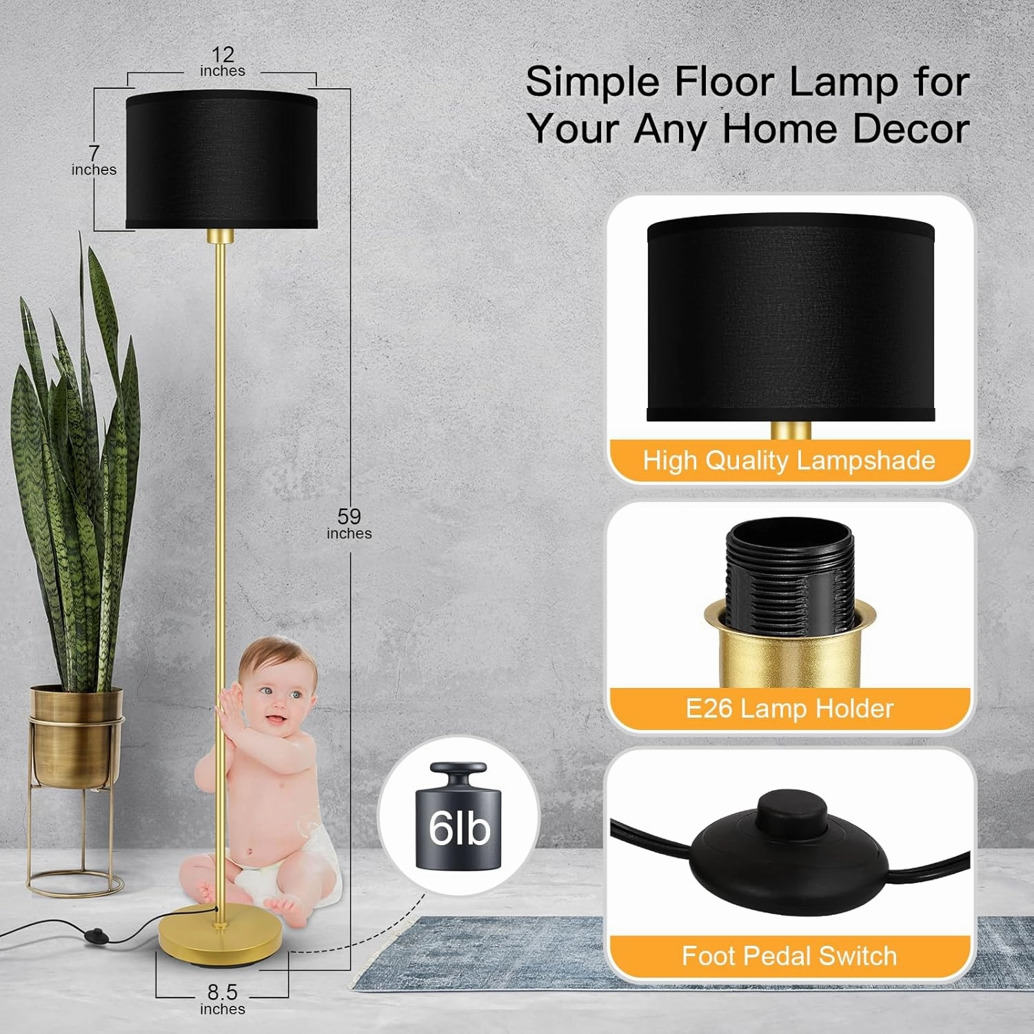 Gold Floor Lamps for Living Room, Modern Bright Standing Lamp, Black Lamp Shades, Foot Switch, Simple Pole Lamps Corner Lamp for Bedroom,Office, Living Room, Den, Black Living Room Lamp(No Bulb)