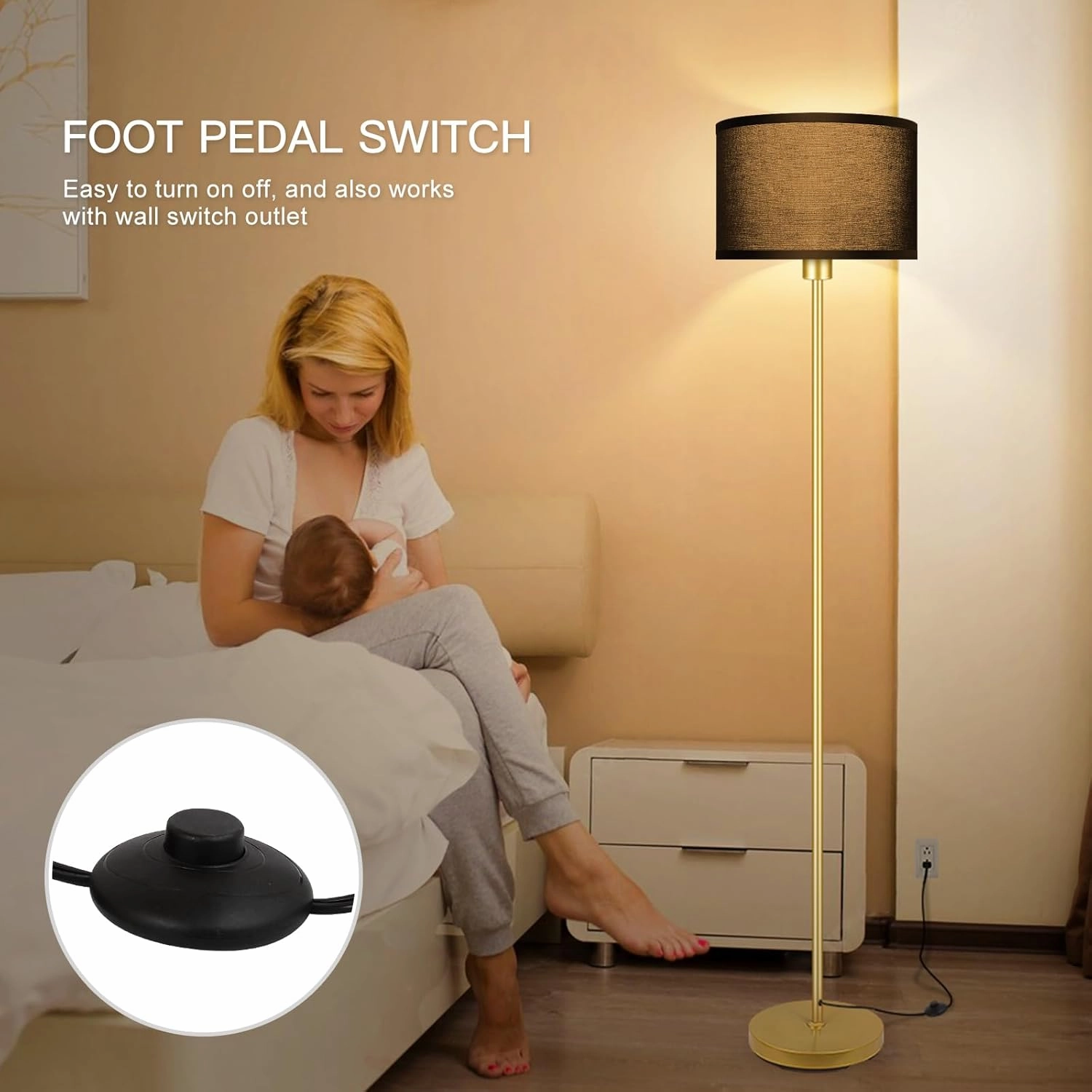 Gold Floor Lamps for Living Room, Modern Bright Standing Lamp, Black Lamp Shades, Foot Switch, Simple Pole Lamps Corner Lamp for Bedroom,Office, Living Room, Den, Black Living Room Lamp(No Bulb)