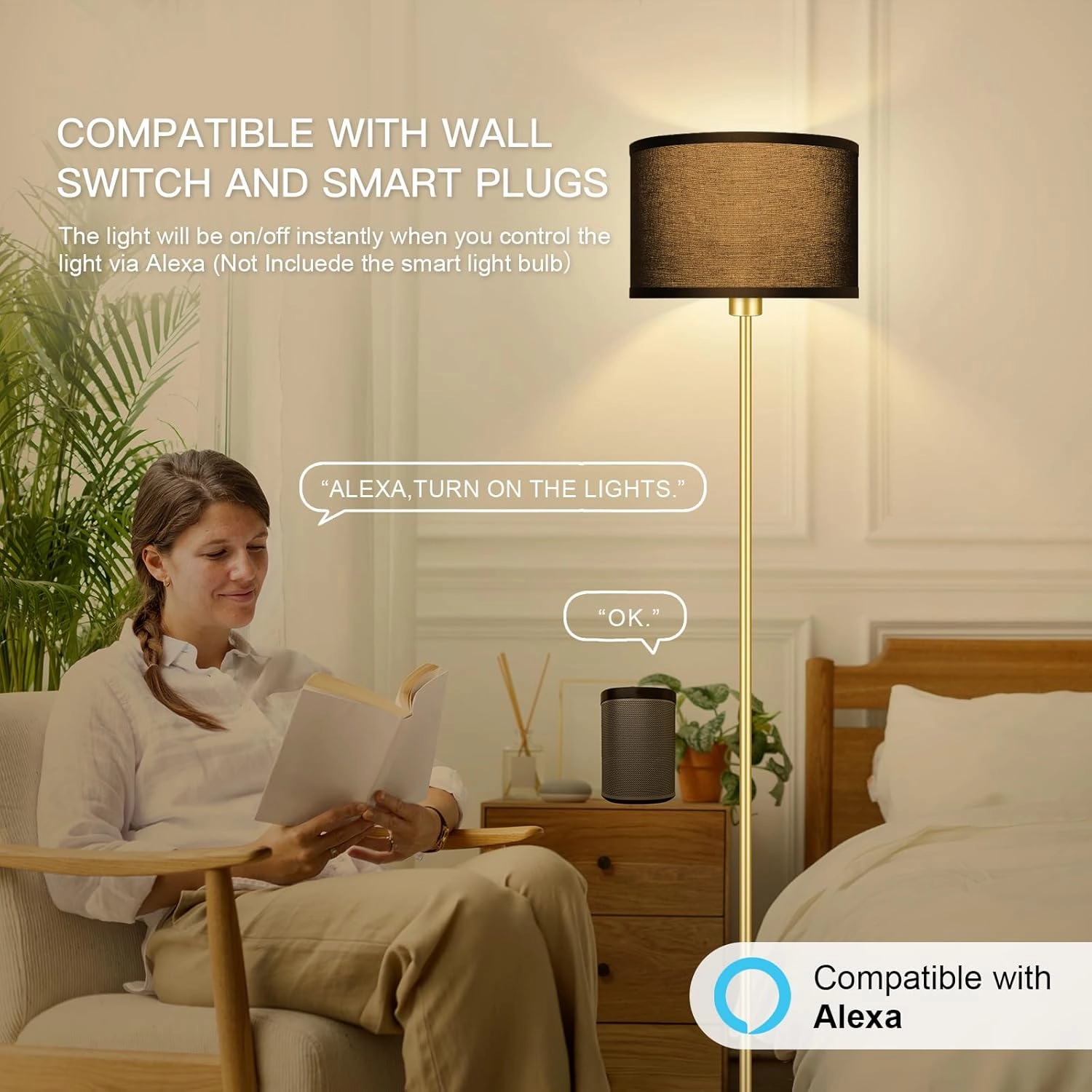 Gold Floor Lamps for Living Room, Modern Bright Standing Lamp, Black Lamp Shades, Foot Switch, Simple Pole Lamps Corner Lamp for Bedroom,Office, Living Room, Den, Black Living Room Lamp(No Bulb)
