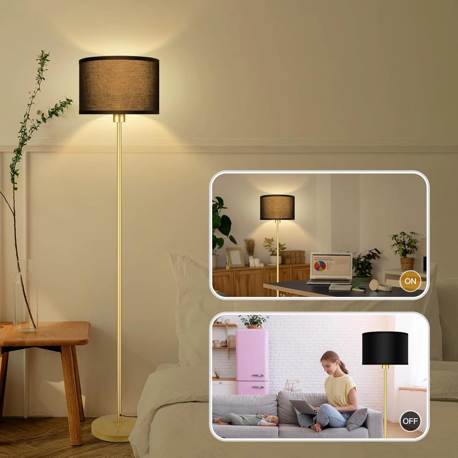 Gold Floor Lamps for Living Room, Modern Bright Standing Lamp, Black Lamp Shades, Foot Switch, Simple Pole Lamps Corner Lamp for Bedroom,Office, Living Room, Den, Black Living Room Lamp(No Bulb)