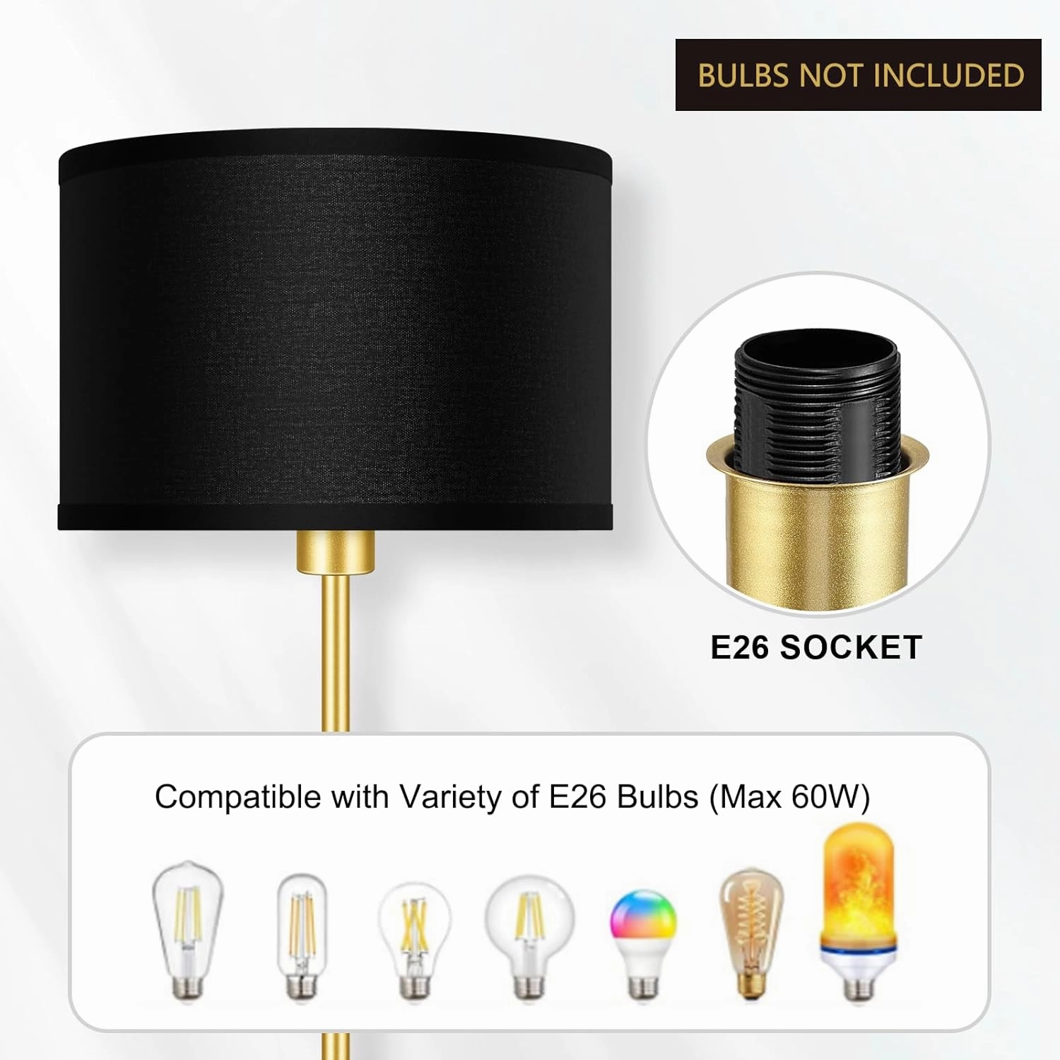 Gold Floor Lamps for Living Room, Modern Bright Standing Lamp, Black Lamp Shades, Foot Switch, Simple Pole Lamps Corner Lamp for Bedroom,Office, Living Room, Den, Black Living Room Lamp(No Bulb)
