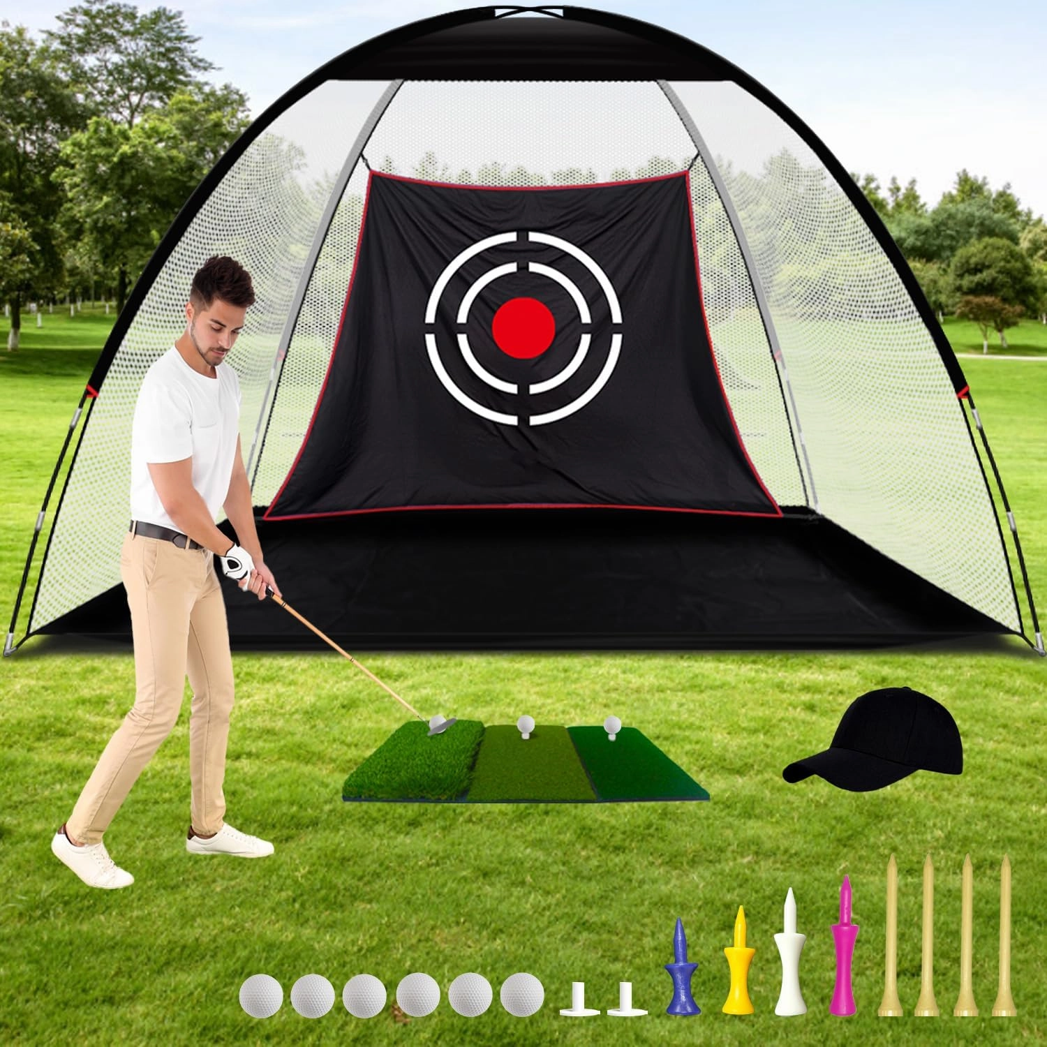 Golf Practice Nets with Real Balls/Turf Mat/Tees/Hat/Target/Bag: 10x7ft 12x7ft Gift for Mens Golf Lovers Hitting Driving Chipping Net - Indoor Outdoor Garage Using