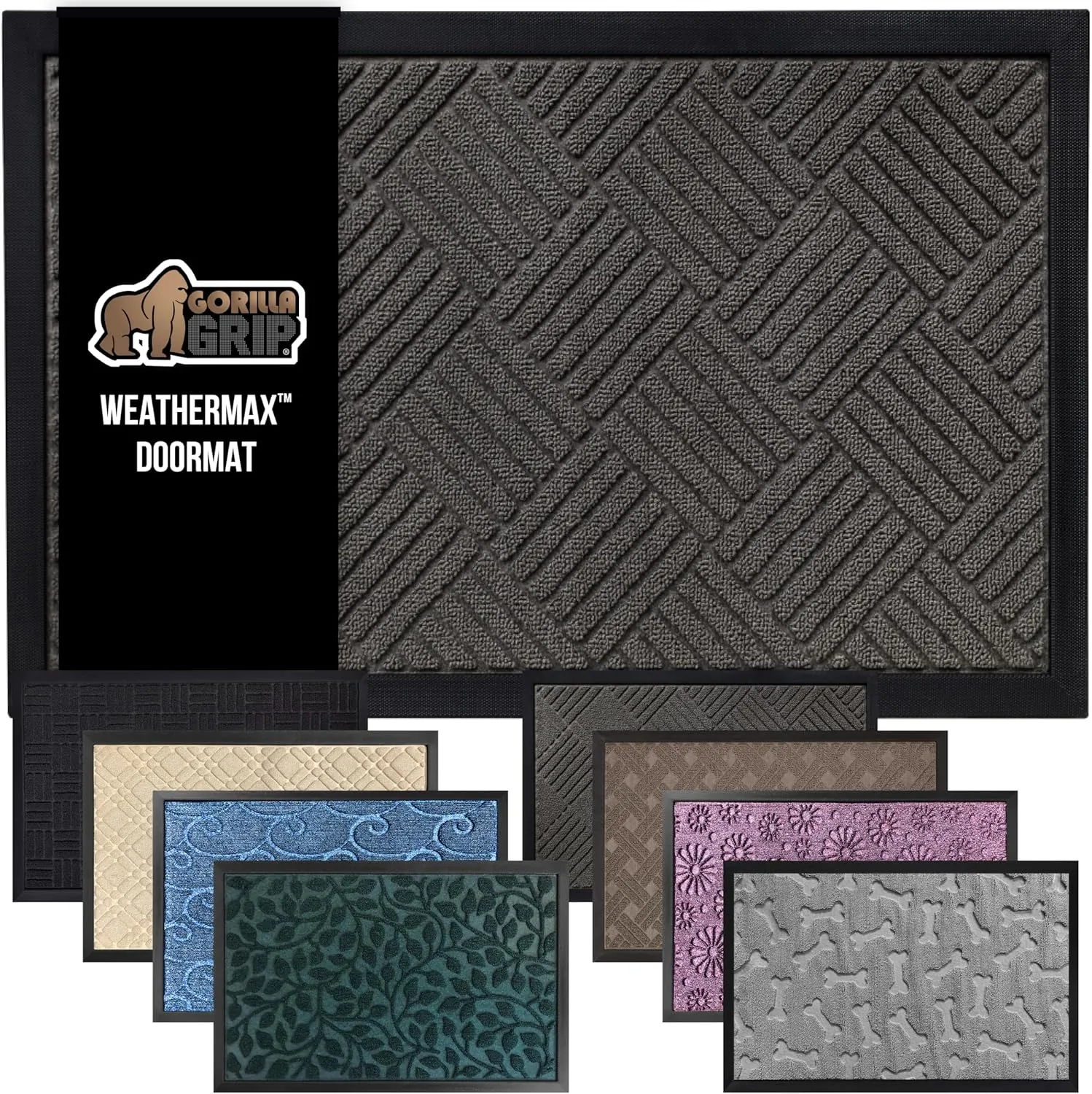 GORILLA GRIP 100% Waterproof All-Season WeatherMax Doormat, 23x35, Durable Natural Rubber, Stain and Fade Resistant, Low Profile, Indoor Outdoor Door Mats, Easy Clean Patio Entrance Mat, Gray Diamond
