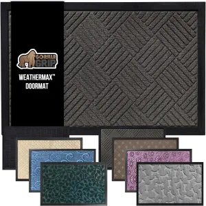 GORILLA GRIP 100% Waterproof All-Season WeatherMax Doormat, 23x35, Durable Natural Rubber, Stain and Fade Resistant, Low Profile, Indoor Outdoor Door Mats, Easy Clean Patio Entrance Mat, Gray Diamond
