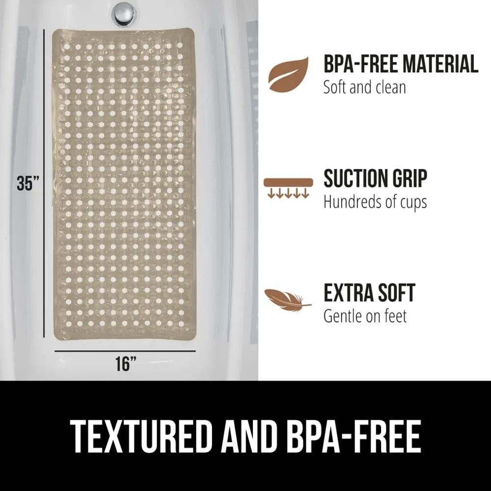 GORILLA Grip Patented Bath Tub Shower Mat, Machine Washable Bathtub Floor Liner Mats, Suction Cups and Drain Holes to Keep Tubs Clean, Soft on Feet, Bathroom Essentials, 35x16 Inch, Beige