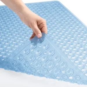 GORILLA GRIP Patented Bath Tub Shower Mat, Machine Washable Bathtub Floor Liner Mats, Suction Cups and Drain Holes to Keep Tubs Clean, Soft on Feet, Bathroom Essentials, 35x16 Inch, Clear Blue