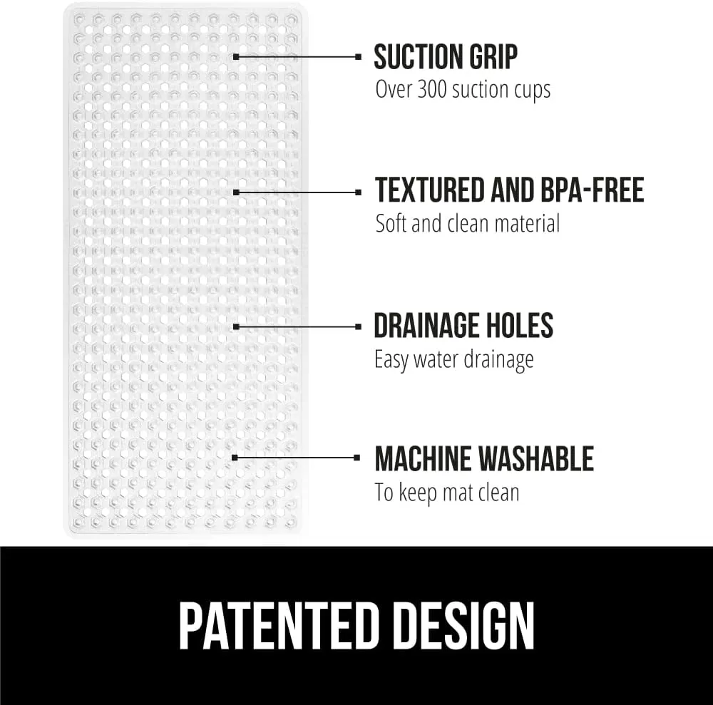 GORILLA Grip Patented Bath Tub Shower Mat, Machine Washable Bathtub Floor Liner Mats, Suction Cups and Drain Holes to Keep Tubs Clean, Soft on Feet, Bathroom Essentials, 35x16 Inch, Clear