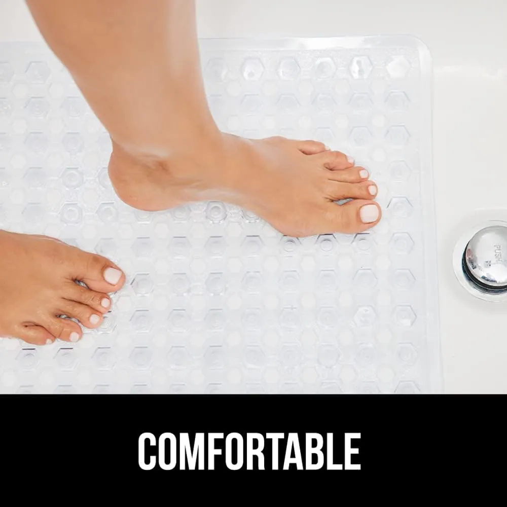 GORILLA Grip Patented Bath Tub Shower Mat, Machine Washable Bathtub Floor Liner Mats, Suction Cups and Drain Holes to Keep Tubs Clean, Soft on Feet, Bathroom Essentials, 35x16 Inch, Clear