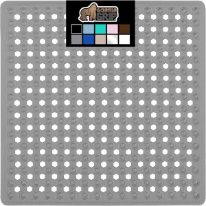 GORILLA GRIP Patented Square Shower Stall Mat, Small Bathtub Floor Mats for Stand Up Showers, Suction Cups and Drainage Holes, Machine Wash, Soft on Feet, Bathroom Accessories 21x21 Inch, Gray Opaque