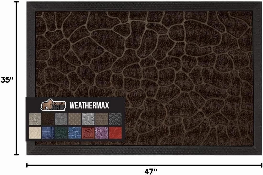 GORILLA GRIP 100% Waterproof All-Season WeatherMax Doormat, 47x35, Durable Natural Rubber, Stain and Fade Resistant, Low Profile, Indoor Outdoor Door Mats, Easy Clean Entry Mat, Dark Brown Pebble