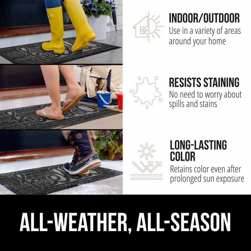 GORILLA GRIP 100% Waterproof All-Season WeatherMax Doormat, 47x35, Durable Natural Rubber, Stain and Fade Resistant, Low Profile, Indoor Outdoor Door Mats, Easy Clean Patio Entry Mat, Charcoal Hello