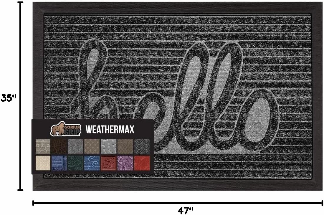 GORILLA GRIP 100% Waterproof All-Season WeatherMax Doormat, 47x35, Durable Natural Rubber, Stain and Fade Resistant, Low Profile, Indoor Outdoor Door Mats, Easy Clean Patio Entry Mat, Charcoal Hello