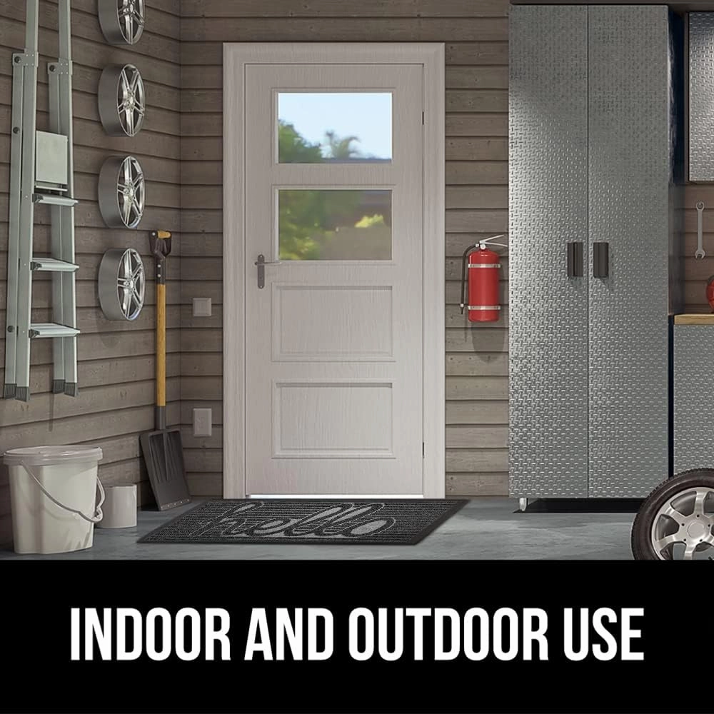 GORILLA GRIP 100% Waterproof All-Season WeatherMax Doormat, 47x35, Durable Natural Rubber, Stain and Fade Resistant, Low Profile, Indoor Outdoor Door Mats, Easy Clean Patio Entry Mat, Charcoal Hello