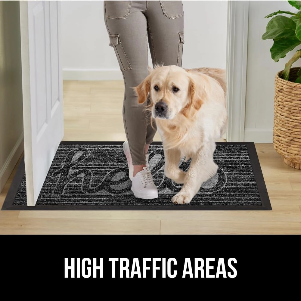 GORILLA GRIP 100% Waterproof All-Season WeatherMax Doormat, 47x35, Durable Natural Rubber, Stain and Fade Resistant, Low Profile, Indoor Outdoor Door Mats, Easy Clean Patio Entry Mat, Charcoal Hello
