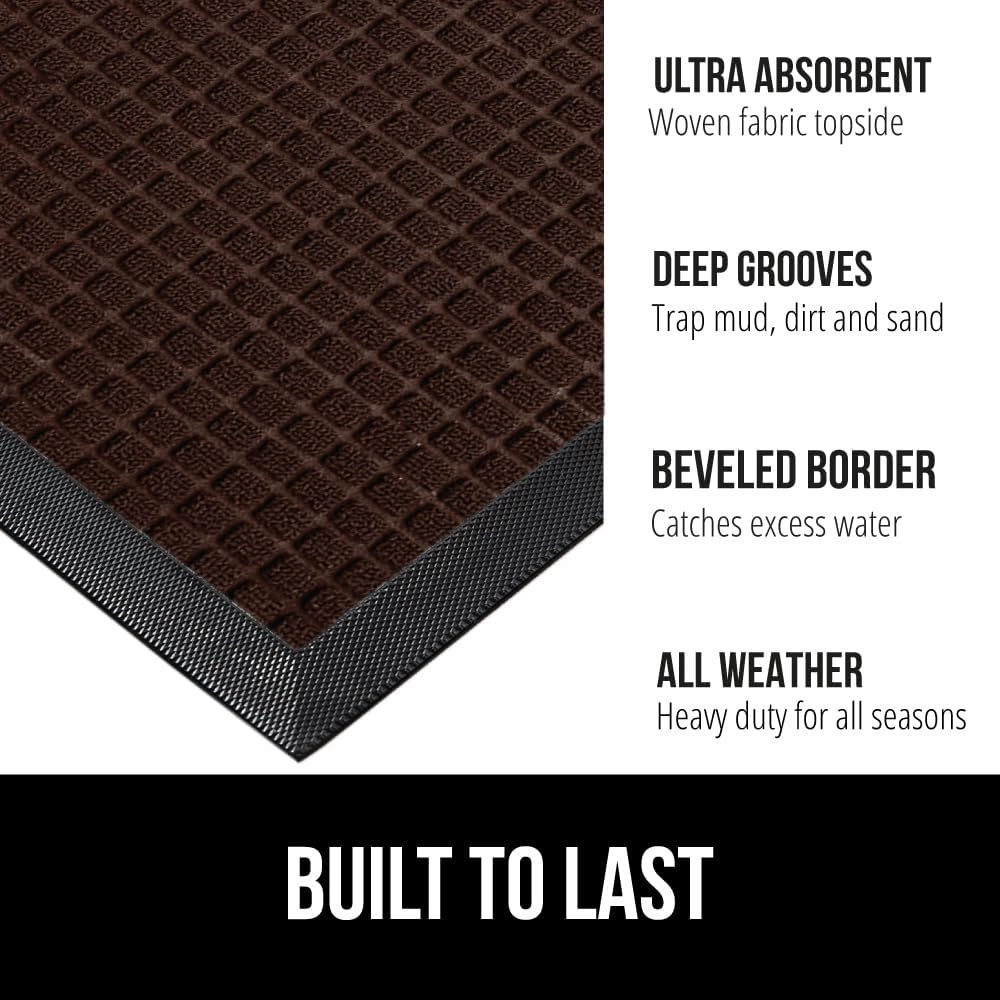 GORILLA GRIP 100% Waterproof All-Season WeatherMax Doormat, 47x35, Durable Natural Rubber, Stain and Fade Resistant, Low Profile, Indoor Outdoor Door Mats, Easy Clean Patio Entry Mat, Coffee Squares