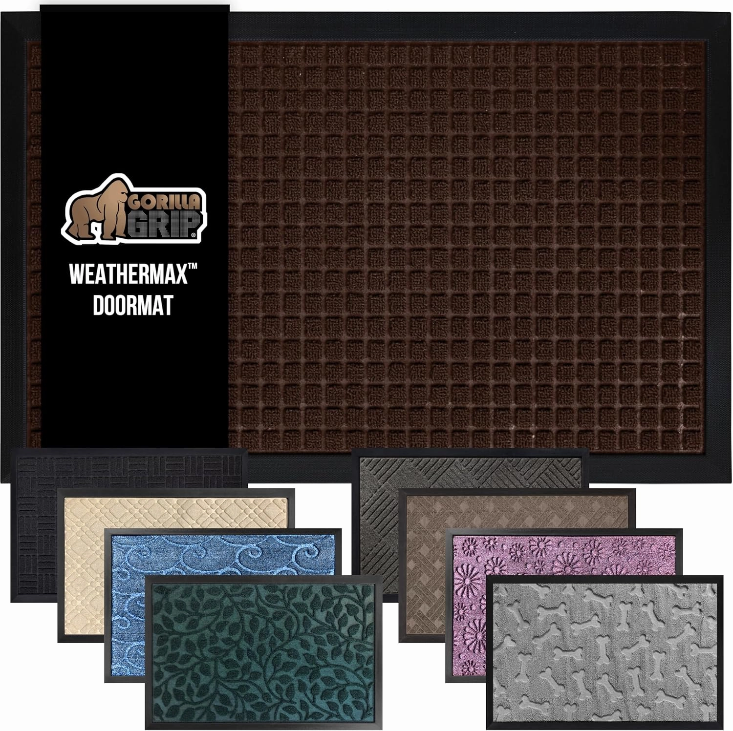 GORILLA GRIP 100% Waterproof All-Season WeatherMax Doormat, 47x35, Durable Natural Rubber, Stain and Fade Resistant, Low Profile, Indoor Outdoor Door Mats, Easy Clean Patio Entry Mat, Coffee Squares