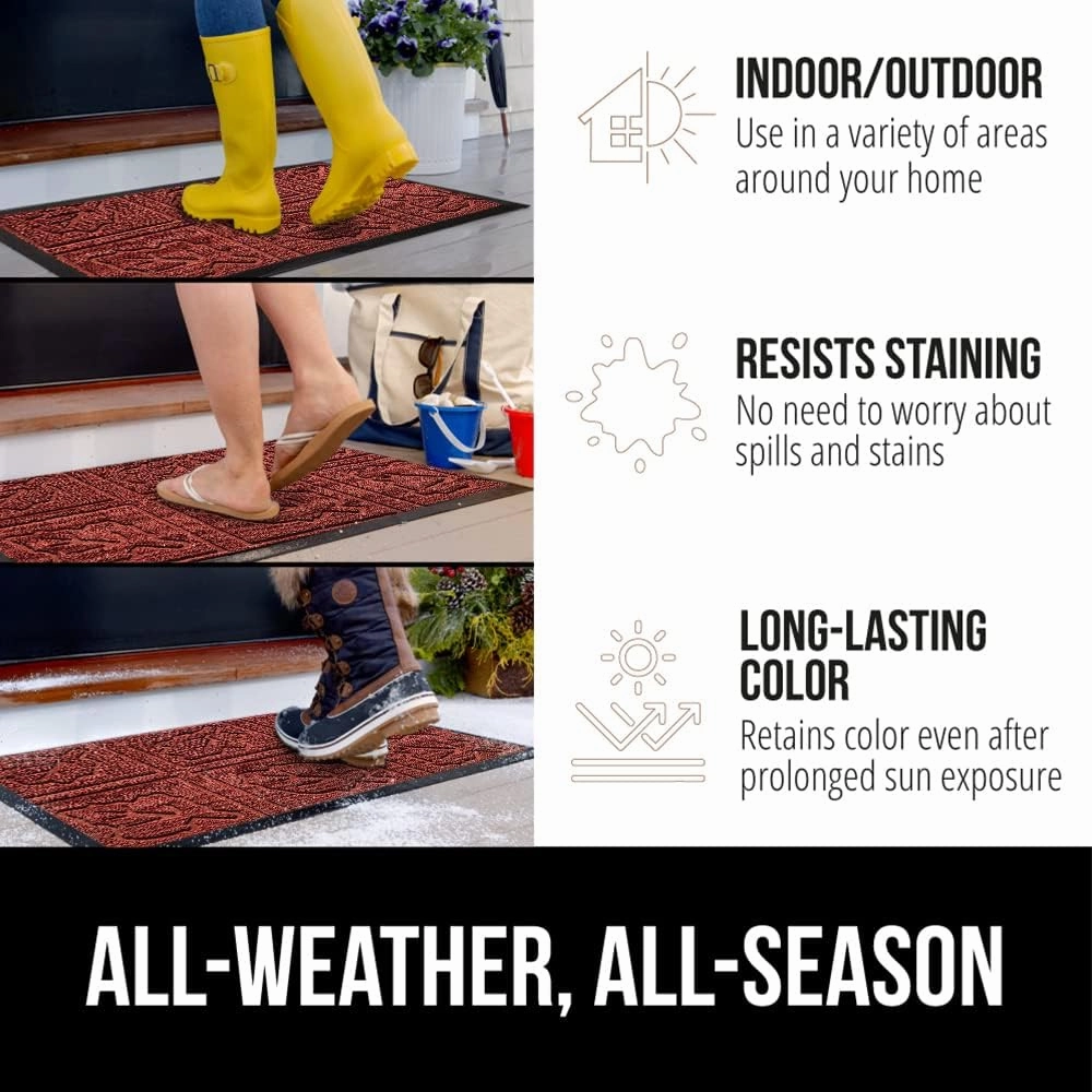 GORILLA GRIP 100% Waterproof All-Season WeatherMax Doormat, Durable Natural Rubber, Stain and Fade Resistant, Low Profile, Indoor Outdoor Door Mats, Easy Clean Entrance Mat, 17x29, Burgundy Leaves