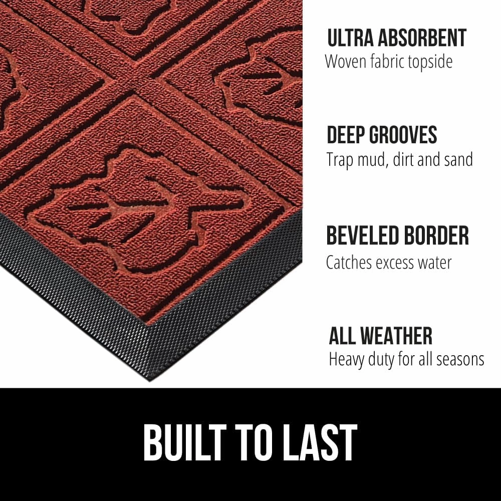 GORILLA GRIP 100% Waterproof All-Season WeatherMax Doormat, Durable Natural Rubber, Stain and Fade Resistant, Low Profile, Indoor Outdoor Door Mats, Easy Clean Entrance Mat, 17x29, Burgundy Leaves