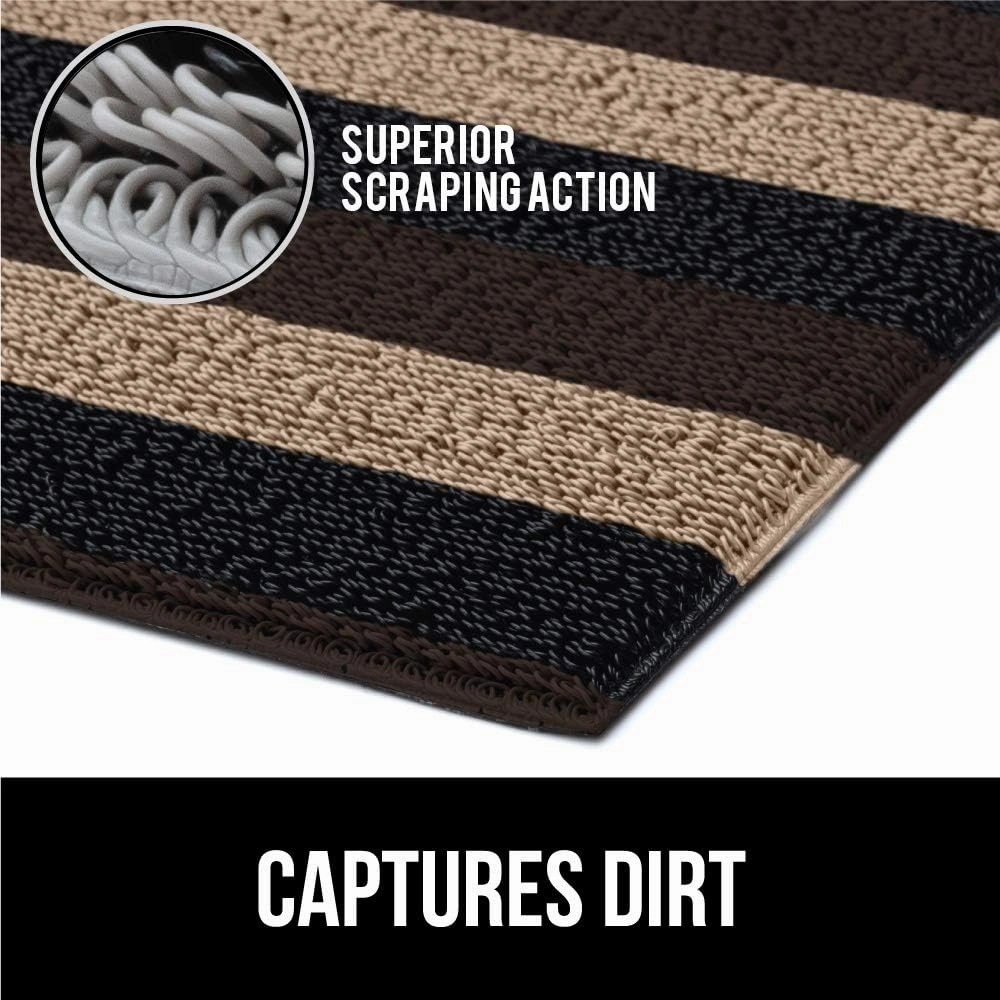 GORILLA GRIP Heavy Duty Striped Doormat, Thick Bristles, Crush Proof Texture, Catches Dirt from Shoes, Strong Backing, Easy to Clean, Indoor and Outdoor Entrance Mats, 24x16, Black Brown Beige