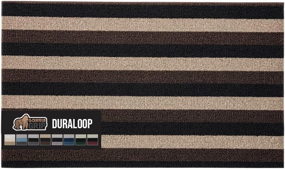GORILLA GRIP Heavy Duty Striped Doormat, Thick Bristles, Crush Proof Texture, Catches Dirt from Shoes, Strong Backing, Easy to Clean, Indoor and Outdoor Entrance Mats, 24x16, Black Brown Beige