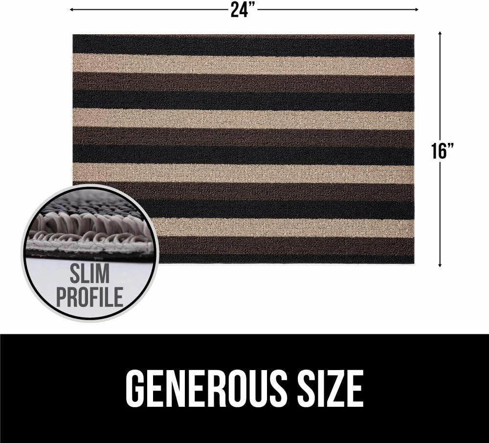 GORILLA GRIP Heavy Duty Striped Doormat, Thick Bristles, Crush Proof Texture, Catches Dirt from Shoes, Strong Backing, Easy to Clean, Indoor and Outdoor Entrance Mats, 24x16, Black Brown Beige