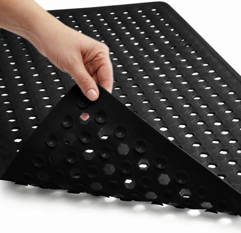 GORILLA Grip Patented Bath Tub Shower Mat, Machine Washable Bathtub Floor Liner Mats, Suction Cups and Drain Holes to Keep Tubs Clean, Soft on Feet, Bathroom Essentials, 35x16 Inch, Black