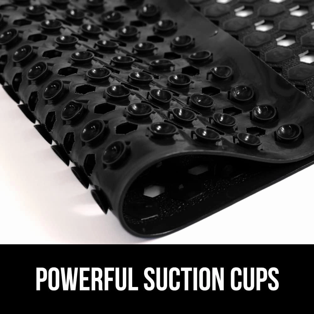 GORILLA Grip Patented Bath Tub Shower Mat, Machine Washable Bathtub Floor Liner Mats, Suction Cups and Drain Holes to Keep Tubs Clean, Soft on Feet, Bathroom Essentials, 35x16 Inch, Black