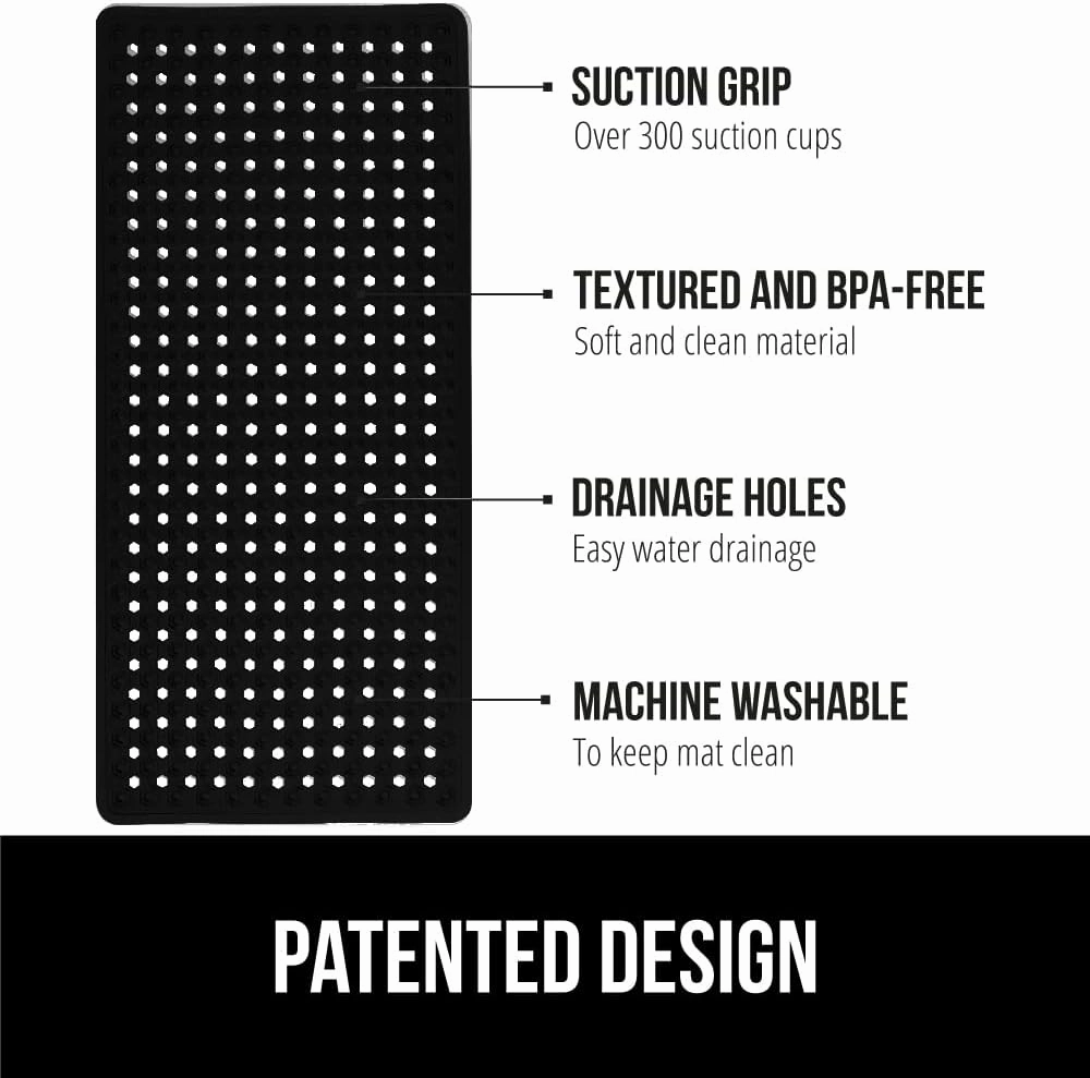 GORILLA Grip Patented Bath Tub Shower Mat, Machine Washable Bathtub Floor Liner Mats, Suction Cups and Drain Holes to Keep Tubs Clean, Soft on Feet, Bathroom Essentials, 35x16 Inch, Black