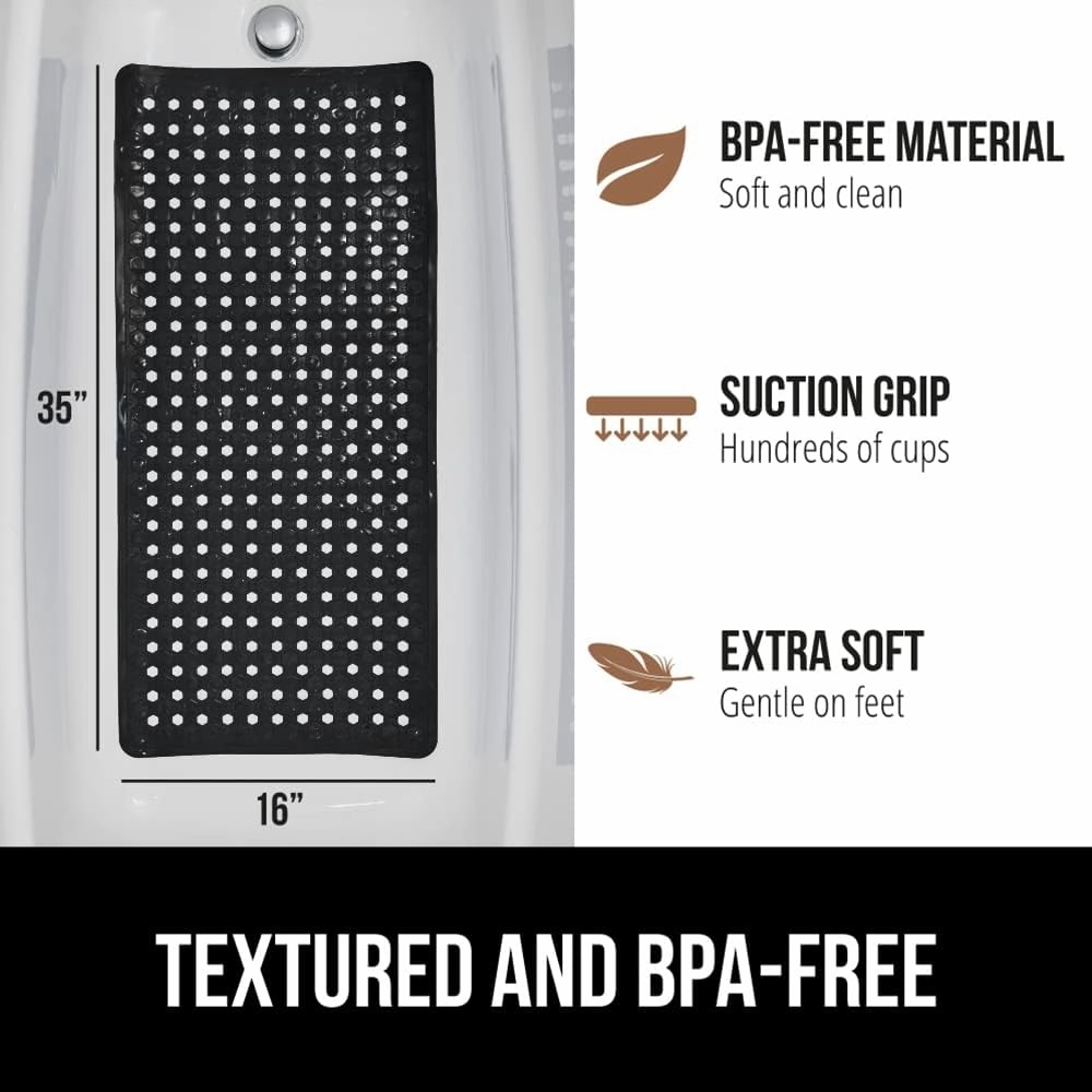 GORILLA Grip Patented Bath Tub Shower Mat, Machine Washable Bathtub Floor Liner Mats, Suction Cups and Drain Holes to Keep Tubs Clean, Soft on Feet, Bathroom Essentials, 35x16 Inch, Black