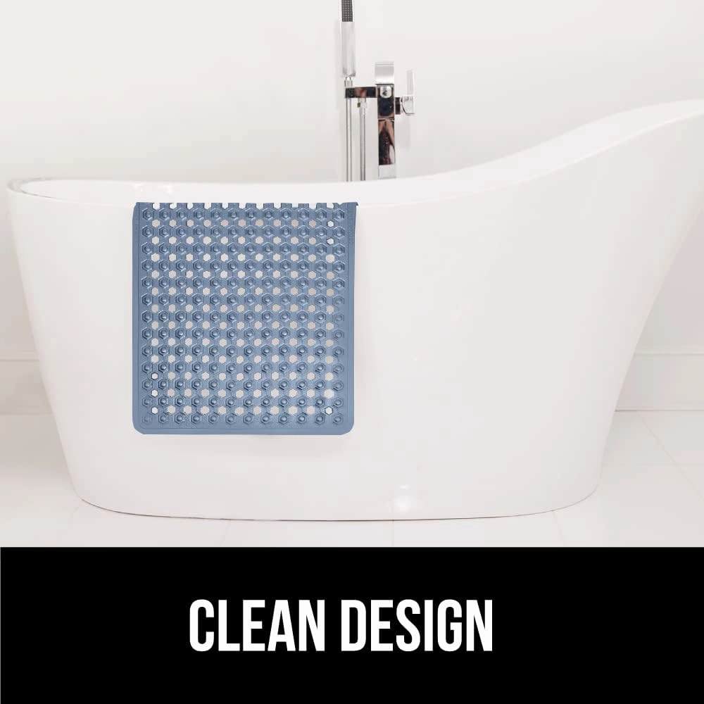 GORILLA GRIP Patented Bath Tub Shower Mat, Machine Washable Bathtub Floor Liner Mats, Suction Cups and Drain Holes to Keep Tubs Clean, Soft on Feet, Bathroom Essentials, 35x16 Inch, Clear Navy