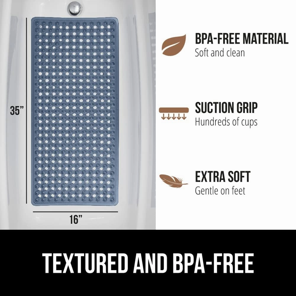 GORILLA GRIP Patented Bath Tub Shower Mat, Machine Washable Bathtub Floor Liner Mats, Suction Cups and Drain Holes to Keep Tubs Clean, Soft on Feet, Bathroom Essentials, 35x16 Inch, Clear Navy