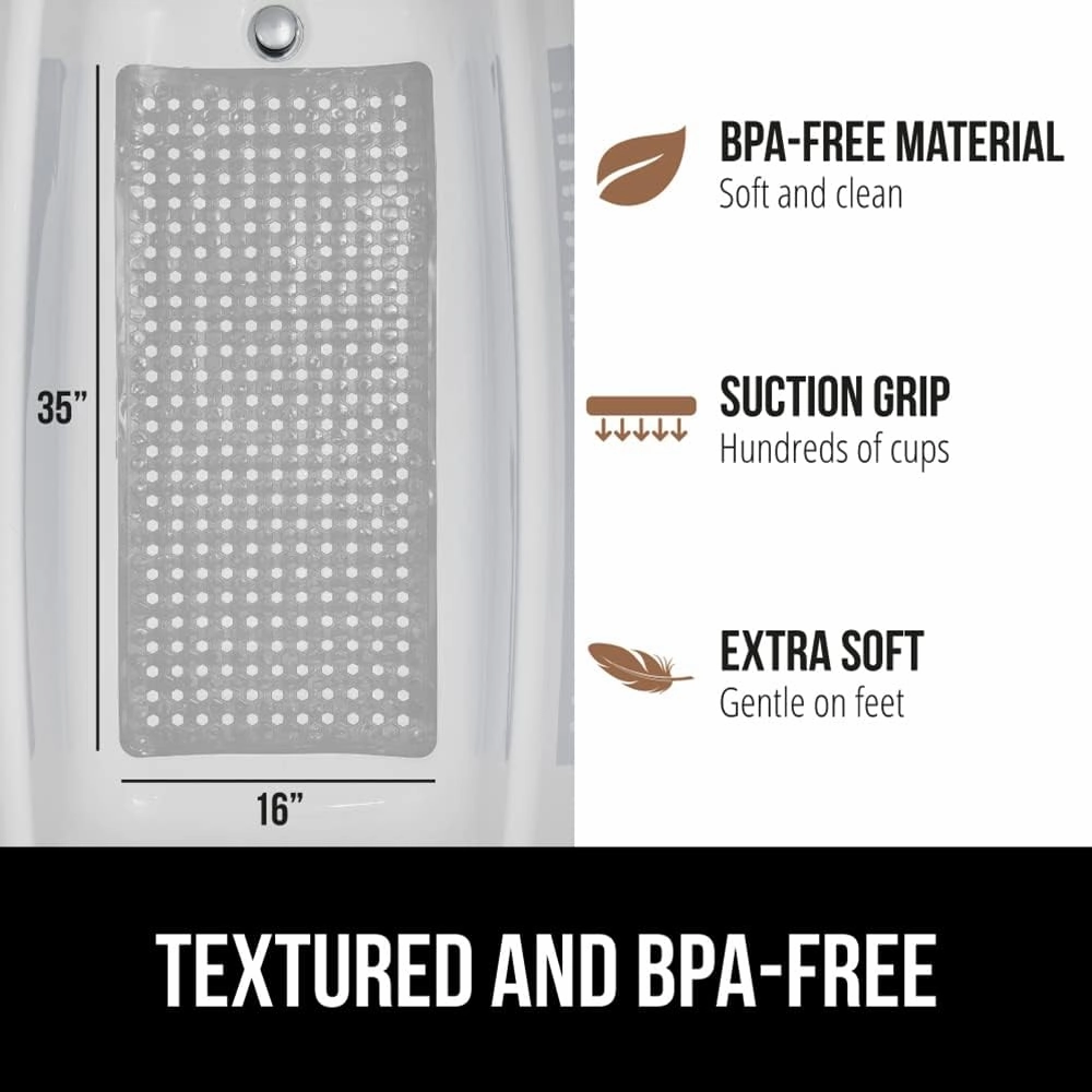 GORILLA Grip Patented Bath Tub Shower Mat, Machine Washable Bathtub Floor Liner Mats, Suction Cups and Drain Holes to Keep Tubs Clean, Soft on Feet, Bathroom Essentials, 35x16 Inch, Gray Opaque