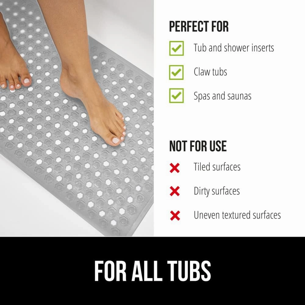 GORILLA Grip Patented Bath Tub Shower Mat, Machine Washable Bathtub Floor Liner Mats, Suction Cups and Drain Holes to Keep Tubs Clean, Soft on Feet, Bathroom Essentials, 35x16 Inch, Gray Opaque