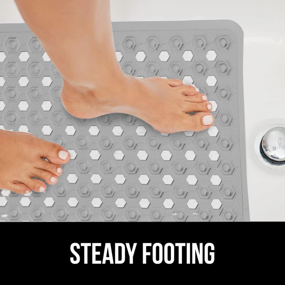 GORILLA Grip Patented Bath Tub Shower Mat, Machine Washable Bathtub Floor Liner Mats, Suction Cups and Drain Holes to Keep Tubs Clean, Soft on Feet, Bathroom Essentials, 35x16 Inch, Gray Opaque