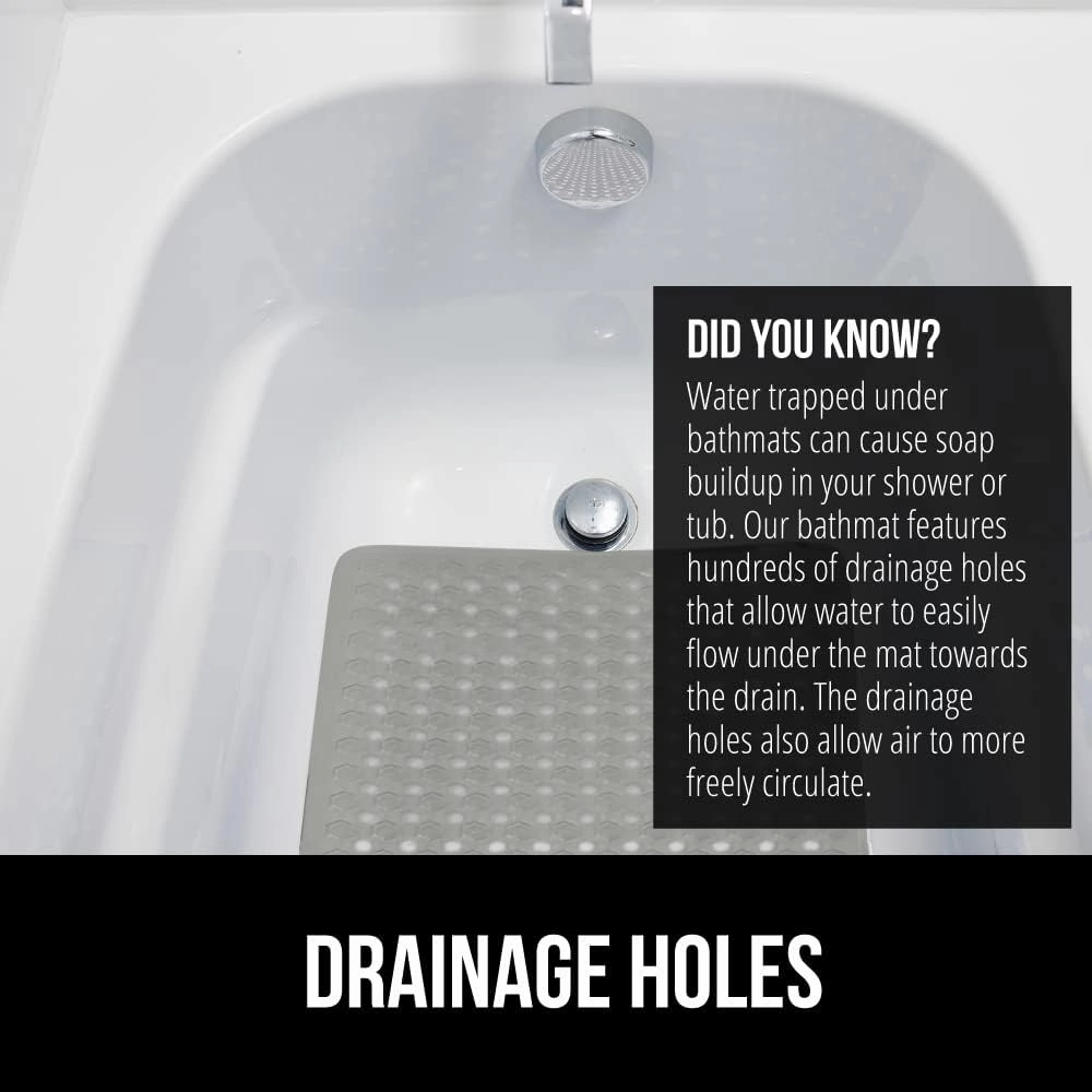 GORILLA Grip Patented Bath Tub Shower Mat, Machine Washable Bathtub Floor Liner Mats, Suction Cups and Drain Holes to Keep Tubs Clean, Soft on Feet, Bathroom Essentials, 35x16 Inch, Gray Opaque